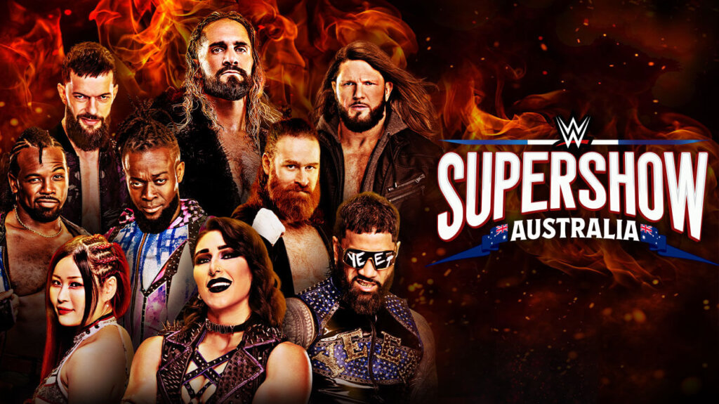 WWE superstars in flames with "Super Show Australia" text, promoting an upcoming wrestling event.