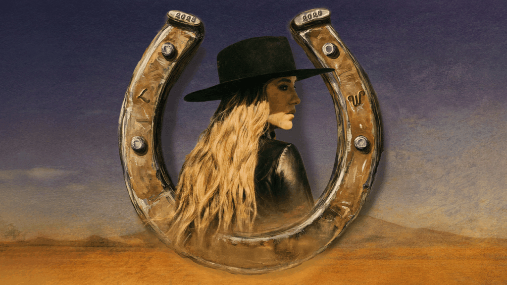 Singer Lainey Wilson, with long hair and a hat, stands in a horseshoe.