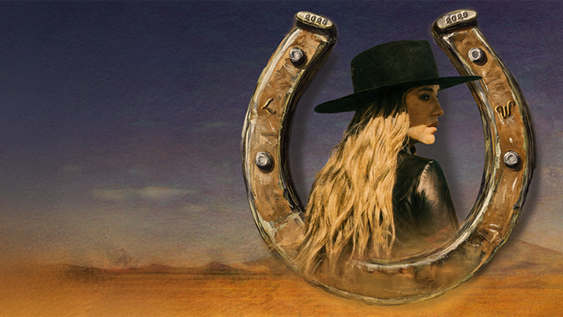 Singer Lainey Wilson, with long hair and a hat, stands in a horseshoe.