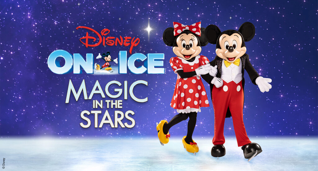 Disney on Ice performance titled "Magic in the Stars," with colourful characters skating under twinkling lights.