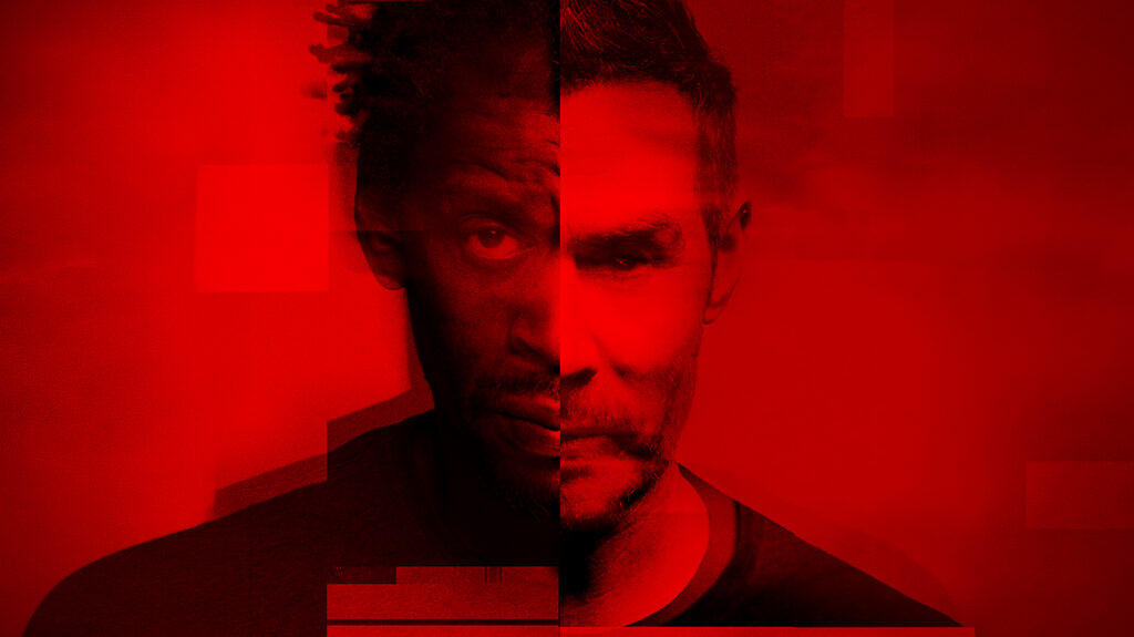 Stylized graphic showing a two-faced man on a red background.