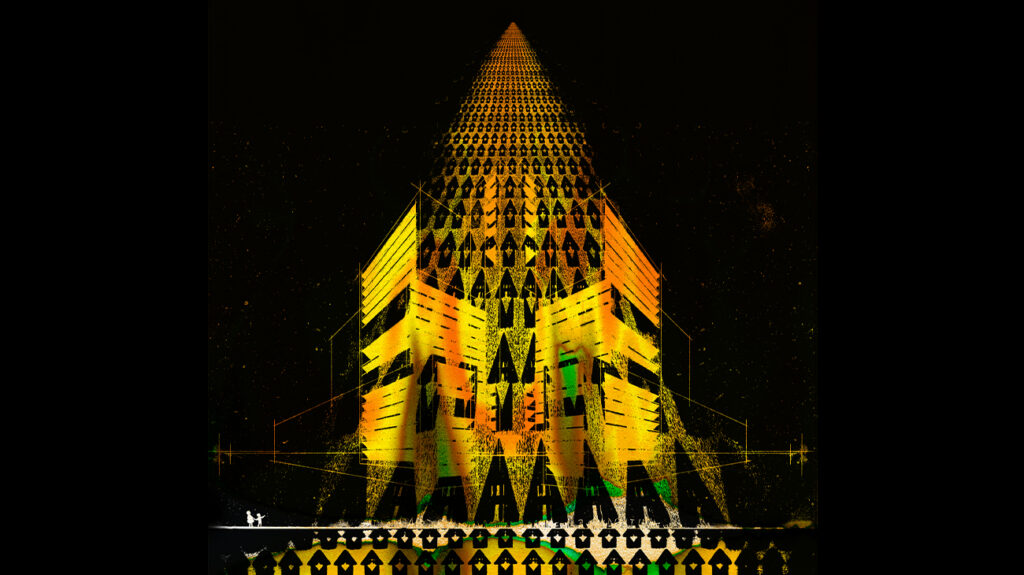 A digital painting of a tall building featuring vibrant yellow and green colours.