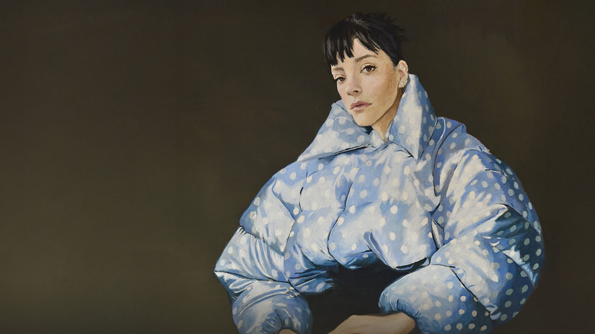 Painted image of Lily Allen on a dark background.