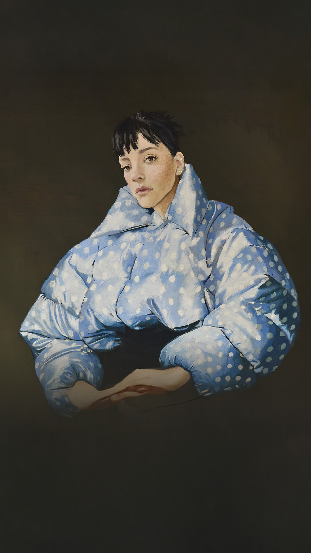 Painted image of Lily Allen on a dark background.